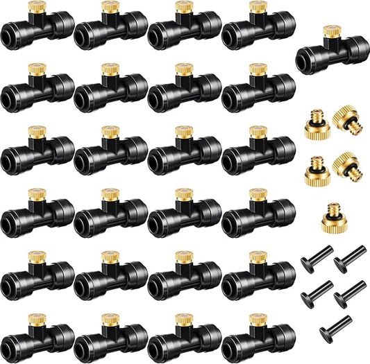 Misting Nozzles Kit Include Water Misting Tees Thread 1/4 Inch and Brass Orifice Nozzle with Black Plug for Outdoor Spray Cooling System(60 Pieces)