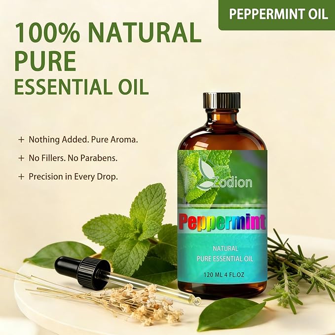 Peppermint Essential Oil, 4 fl oz (120ml) - ZODION Peppermint Fragrance Oil for Diffuser, Massage, Humidifier, DIY Candle, Soap Making, Home, Bath, Yoga