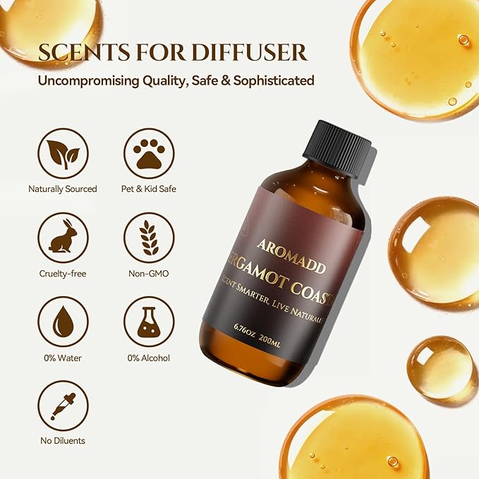Aromadd Bergamot Coastal Diffuser Oil Inspired by Luxury Hotel Scent 6.76 Fl Oz (200ml), Aroma Diffuser & Hotel Fragrance Diffuser Oil, Essential Oil Diffuser for Aromatherapy, Long-Lasting