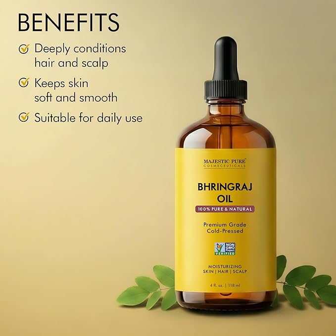 Majestic Pure Bhringraj Premium Carrier Oil 4oz (118ml) With Dropper for Hair Oiling, Scalp Massage & Skin Care