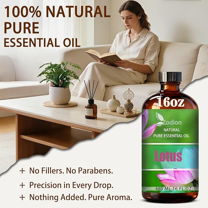 Lotus Essential Oil, 16 fl oz (480ml) - ZODION Lotus Fragrance Oil for Diffuser, Massage, Humidifier, DIY Candle, Soap Making, Home, Bath, Yoga