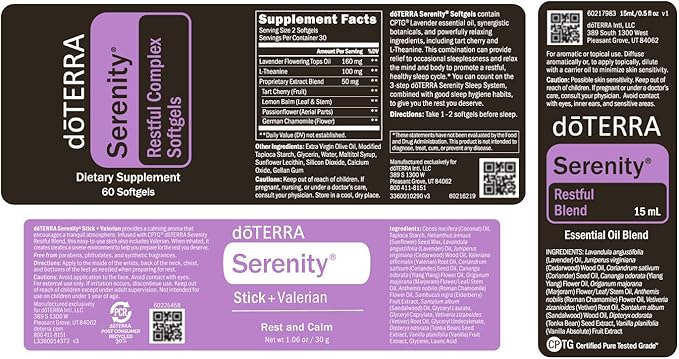 DoTerra Serenity (Restful Blend, Restful Complex Softgels, Stick + Valerian) 1 Kit