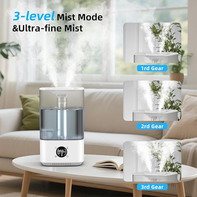 PKBD 6L Humidifier for Bedroom Large Room Home, 800ft² Wide Coverage, 26dB Quiet,Easy Top Fill, Quickly & Evenly Humidify, Real-Time Humidity Monitoring and Anti-dry Burn, White