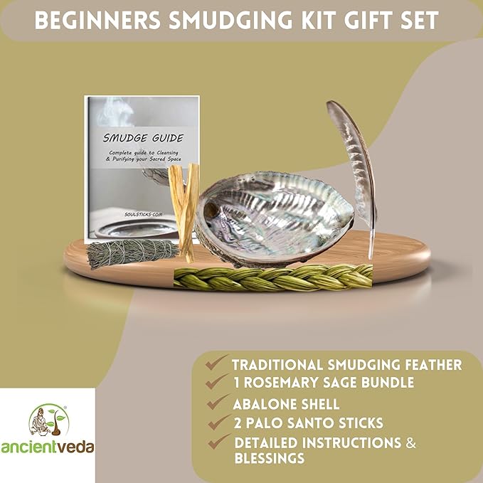 Ancient VEDA Organic Smudge Kit – Rosemary, Palo Santo, Sweetgrass, Abalone Shell, Feather & Smudge Guide | Smudging Kit for Home Energy Cleansing, Meditation, Healing (Healer's Kit, Rosemary Sage)