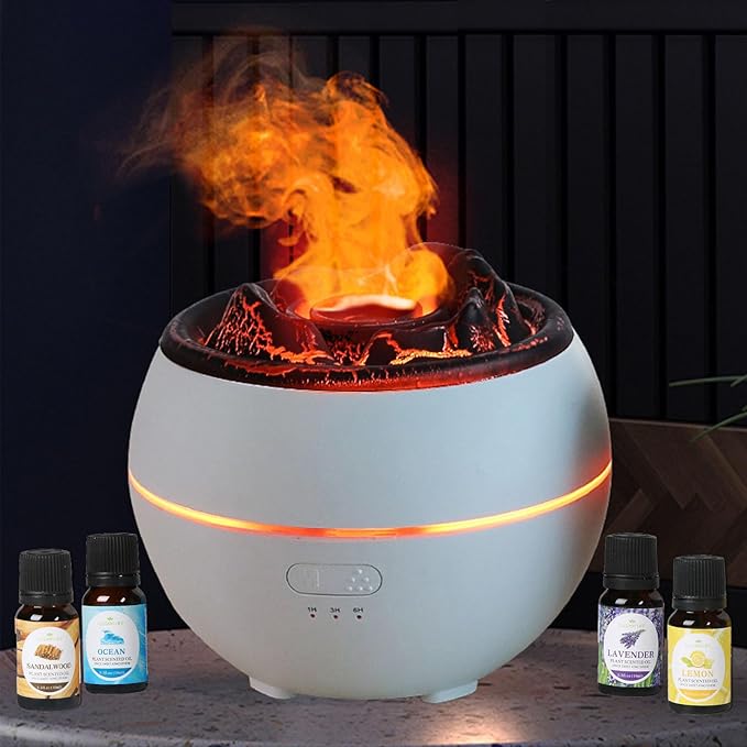 Volcano Essential Oil Diffuser, Volcano Flame Aromatherapy Diffuser, 7 Colors Fire Light & 4 Essential Oils, 360ml Auto-Off Cool Mist Ultrasonic Humidifier/Diffuser for Home Party Holiday