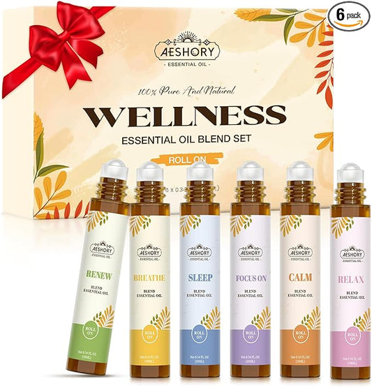 Essential Oils Roll On Set,Gifts for Mom & Wife (Calm, Relax, Breathe, Focus on, Sleep, Renew), Natural Aromatherapy Oil Blend Kit with Roller Ball for Massage, Body Skin Care, Relaxation Gift