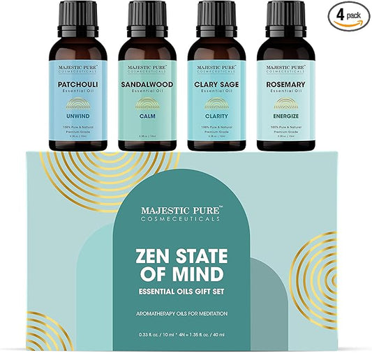 Majestic Pure, Rosemary, Sandalwood, Clary Sage and Patchouli Meditation Essential Oil Set | Perfect for Meditation, Yoga, Relaxation or Mindful Mornings | Pack of 4 x 0.3 Fl Oz