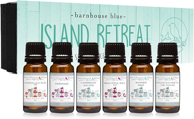 Barnhouse Blue Island Retreat Set of 6 Premium Fragrance Oils - Includes Barrier Reef, Mountain Meets The Ocean, Beautiful Day, Caribbean Escape, Honolulu Sun, and Mermaid Scented Oils - 10ML
