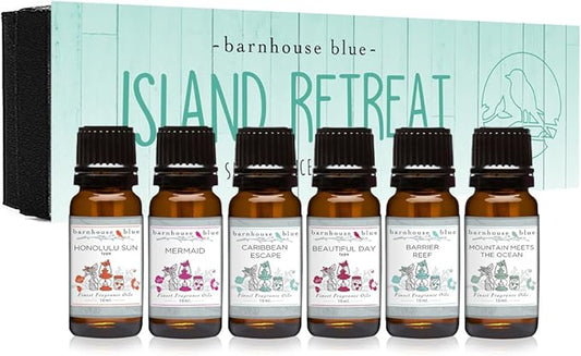 Barnhouse Blue Island Retreat Set of 6 Premium Fragrance Oils - Includes Barrier Reef, Mountain Meets The Ocean, Beautiful Day, Caribbean Escape, Honolulu Sun, and Mermaid Scented Oils - 10ML