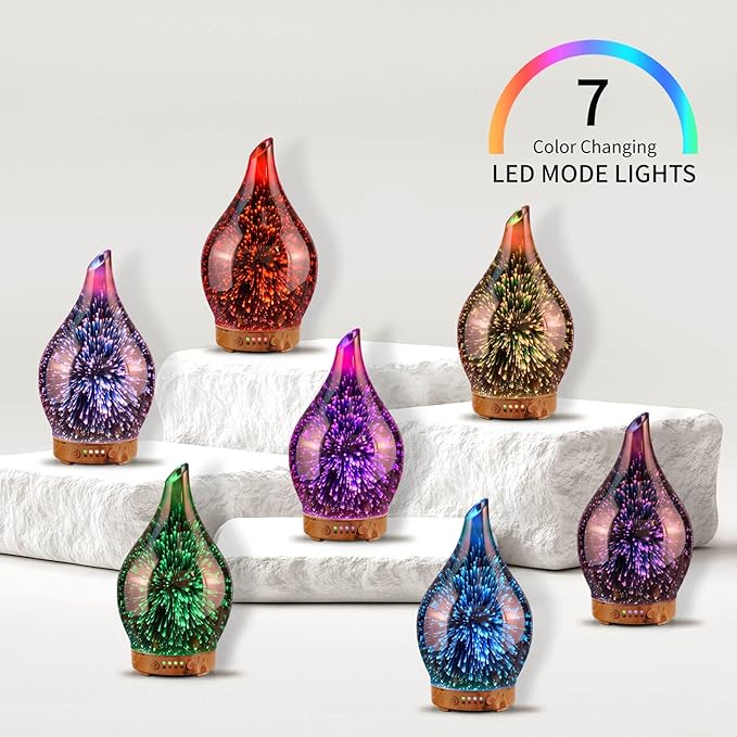 Porseme Essential Oil Diffuser Hand-Blown Glass Aroma Diffusor, Aromatherapy Unltrasonic Cool Mist deffuser, 7 Color Changing, Waterless Shut-Off, Timer Function for Home Office(150ml, Rose Gold)