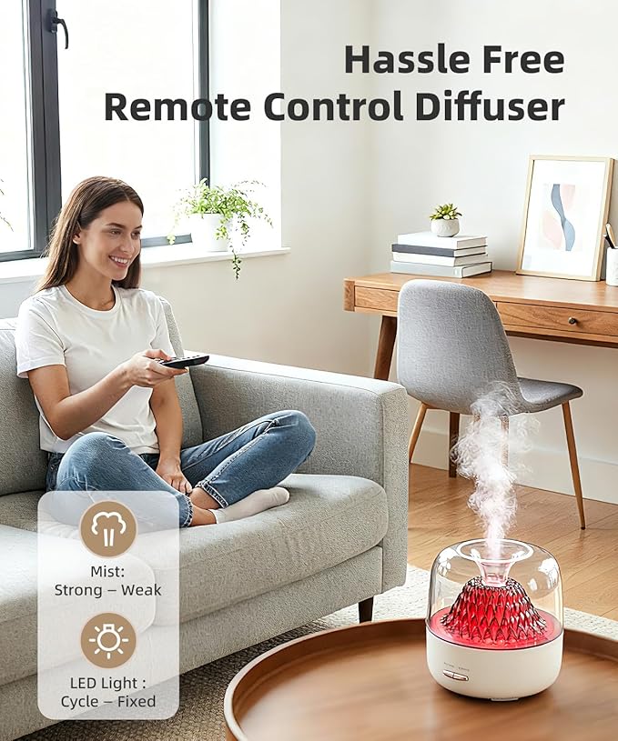 Essential Oil Diffuser for Home, Aromatherapy Volcano Aroma Diffusers & Ambient Light, 200ml Ultrasonic Cool Mist Spray, Air Fragrance for Home Office, Small Room, Bedroom, Auto-Off, White