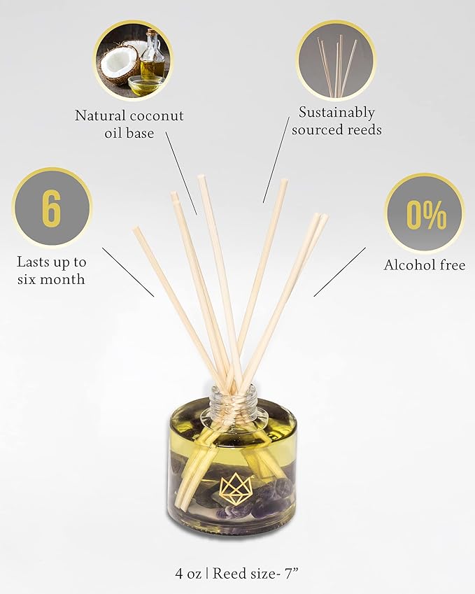 Crystal Infused Reed Diffuser, 4 OZ, Calm - Sodalite Crystal Infused - Scents of Chamomile, Howood, & Sage - Home Decor, House Warming, Room Aesthetic, Stick Perfume, Coffee Table