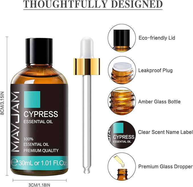 MAYJAM Cypress Essential Oil, 1.01fl.oz Cypress Oil with Glass Dropper, Ideal for Bedroom Living Room Office Use(30ml)