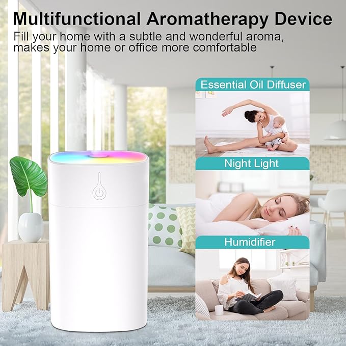 400ml Small Diffuser - Small Oil Diffuser for Desk, Portable Mini Humidifier Aromatherapy Diffusers with 2 Spray Modes, Waterless Auto-Off Essential Oil Diffusers with 7-Color Night Light for Bedroom