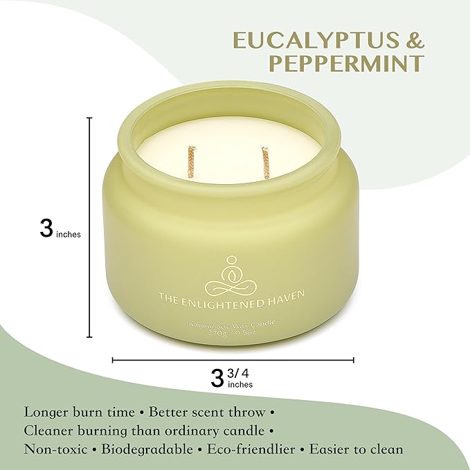 Healing | 2-Wick Scented Candles for Home | Natural Non Toxic Soy Candles with Essential Oils | Eucalyptus & Peppermint | 50 Hour Long Burning | Aromatherapy Candle Jar with Lid - 9.5 oz