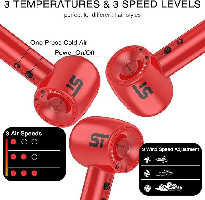 Supreme Trimmer Hair Dryer Negative Ion 110,000 RPM | Fast Drying & Low Noise Blow Dryer 1400W Brushless Motor | Magnetic Attachments, 3 Heat & 3 Speed Settings + Cool Shot | SHD347