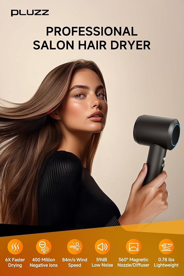 Professional Hair Dryer with Diffuser for Curly Hair, 400M Negative Ionic Blow Dryer for Fast Drying, 120,000 RPM High-Speed Brushless Motor, Low Noise Lightweight, Travel-Friendly (Silver Blue)