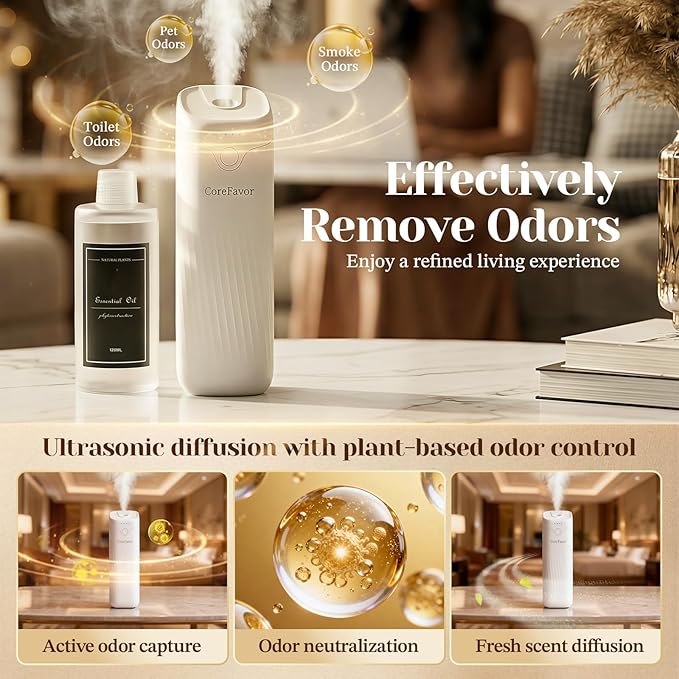 Ultrasonic Aroma Diffuser with 2x120ml Essential Oil, Portable Battery-Operated Cold Air Aroma Scent Machine, 4 Adjustable Intensity Levels, Quiet Diffuser for Bedroom Office Bathroom Car