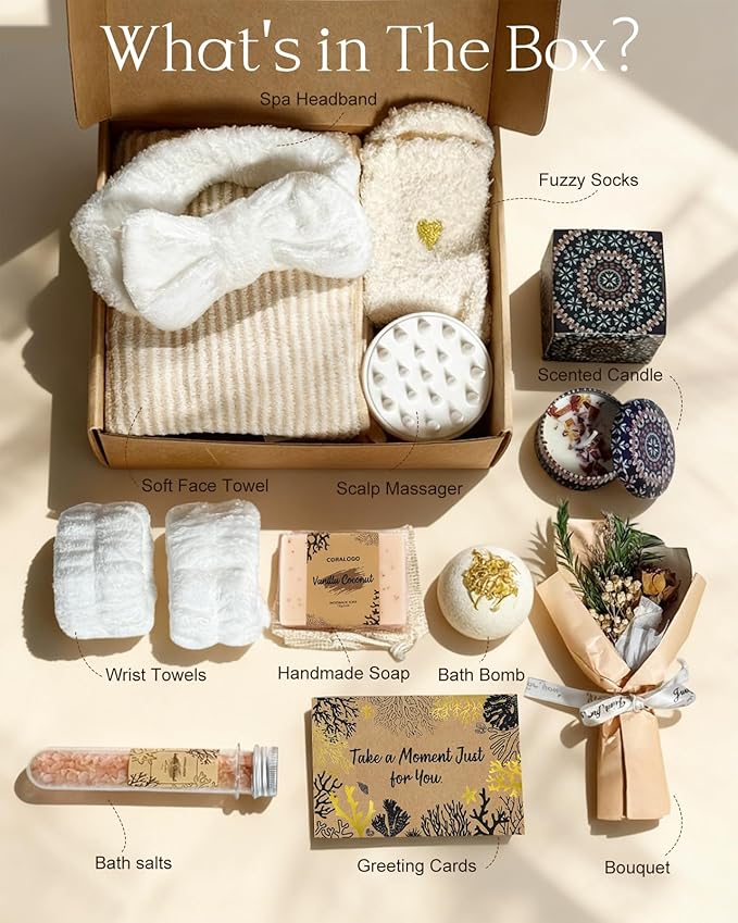 Coralogo Natural Spa Gift Baskets - Mothers Day Gifts Natural Pampering Spa Set, Self-Care Get Well Soon Basket, Thank You Gifts, Unique 11pcs Gift Set for Women Wife Mom Her Birthday