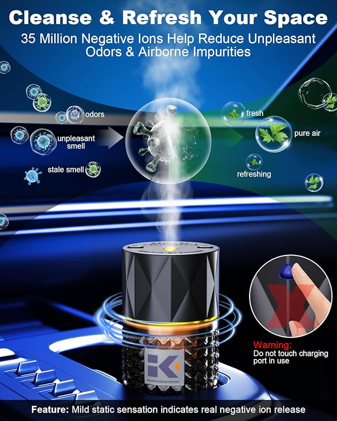 Smart Car Air Freshener | Negative Ion Car Aroma Diffuser | Car Air Freshener Diffuser with 3 Switchable Modes | Car Diffuser Auto Power-Off When Waterless | Glass Diffuser for Car, by Ikeda (Black)