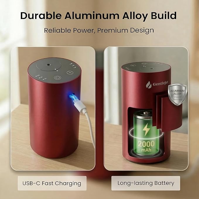 GentleJet LiteMist Waterless Nebulizing Essential Oil Diffuser – Cold Air Aromatherapy, USB-C Cordless 2000mAh Battery, Aluminum Portable for Home Office Car, 20ml