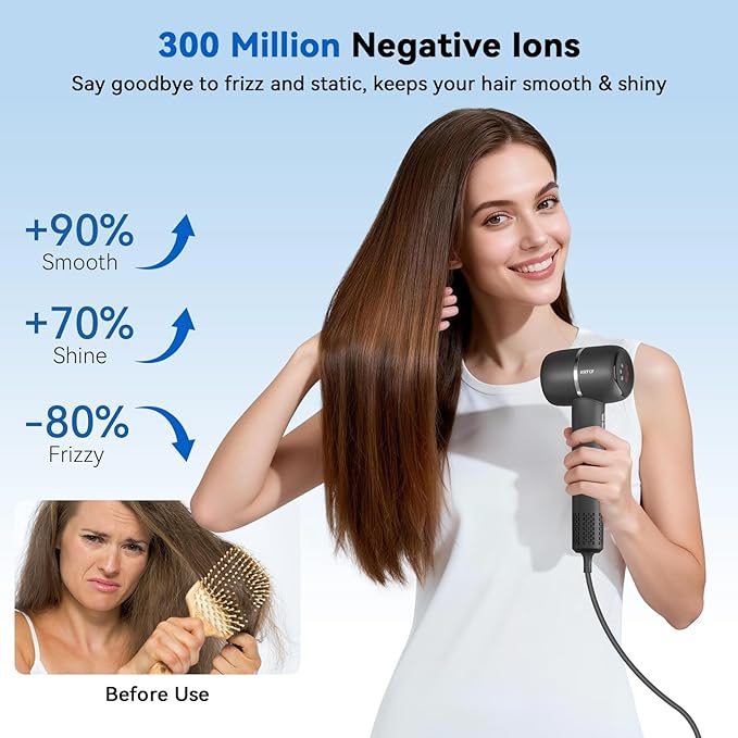 Hair Dryer with Smoothing Brush,160000RPM High Speed Blow Dryer,Negative Ionic Care Hair Dryer,Fast Drying Less Heat Damage Blow Dryer,Thermo-Control Low Noise with Diffuser, Black