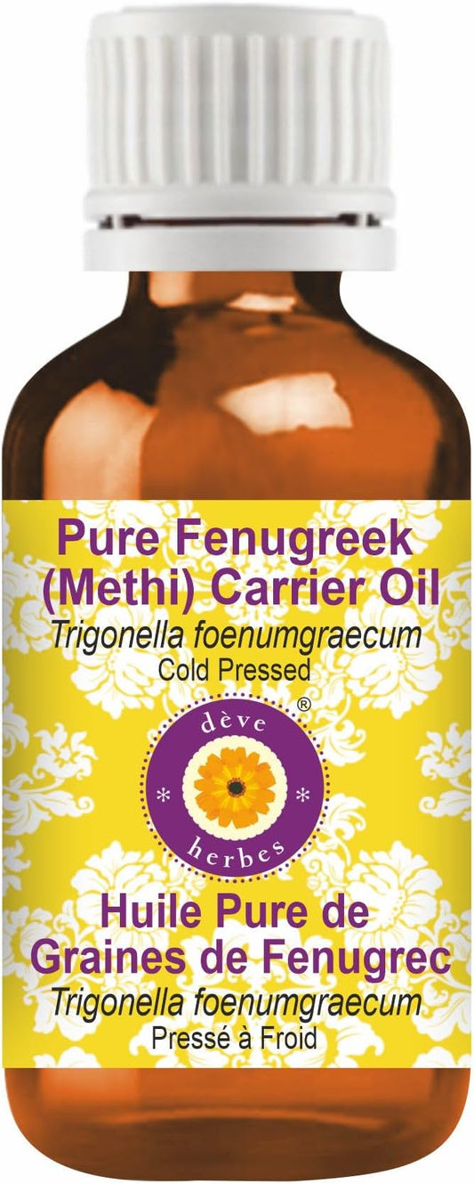 Deve Herbes Fenugreek (Methi) Oil (Trigonella foenumgraecum) | Cold Pressed | Pure | Natural | for Diluting Essential Oils | Hair, Skin & Massage | Non-Sticky | Lightweight | Unisex | 10ml (0.33 oz)