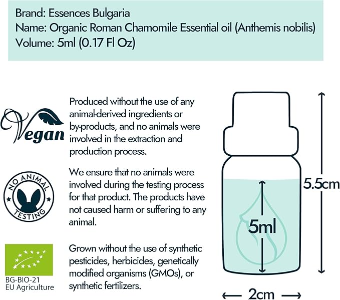 Essences Bulgaria Organic Roman Chamomile Essential Oil 1/6 Fl Oz | 5ml | Anthemis nobilis | 100% Pure and Natural | Undiluted | Therapeutic Grade | Family Owned Farm | Steam-Distilled | Non-GMO