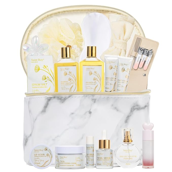 23Pcs Skin Spa Gifts for Women, Ylang Ylang Jasmine Bath & Body Gift Basket, Self-Care Relaxation Face Skin Kit, Lip Gloss, Cosmetic Bag, Manicure Set, Birthday, Christmas, Mother's Day, Anniversary