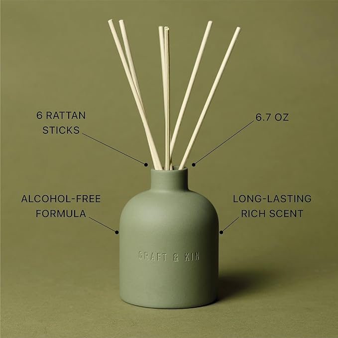 Craft & Kin Reed Diffuser for Home & Bathroom – White Birch & Cedar Holiday Reed Diffuser Set with Fragrance Sticks, Long-Lasting Alcohol-Free Winter Scent, Earthenware Collection, 6.7oz