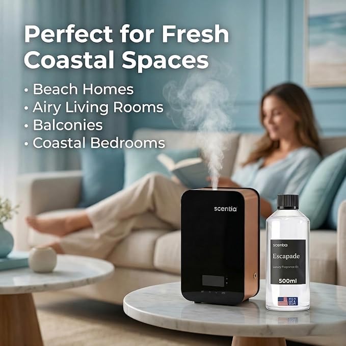Scentia Escapade Diffuser Oil for HVAC Scent Machine – Hotel Fragrance Inspired by 5-Star Resort – 500 mL – Jasmine, Bergamot & Marine Oil for Commercial & Cold Air Diffusers, Made in USA