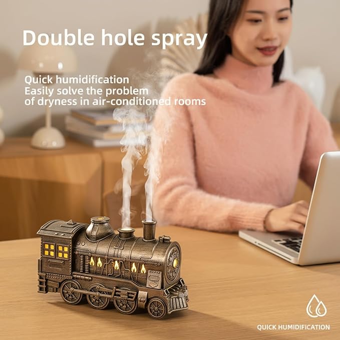 300ml Train Essential Oil Diffuser, 2 Color LED Vintage steam Christmas Train Aromatherapy Diffuser, 2 Dual Mist Modes Train Cool Mist Air Desktop Aroma Humidifier, 2/8 Hour Timer Auto Shut-Off