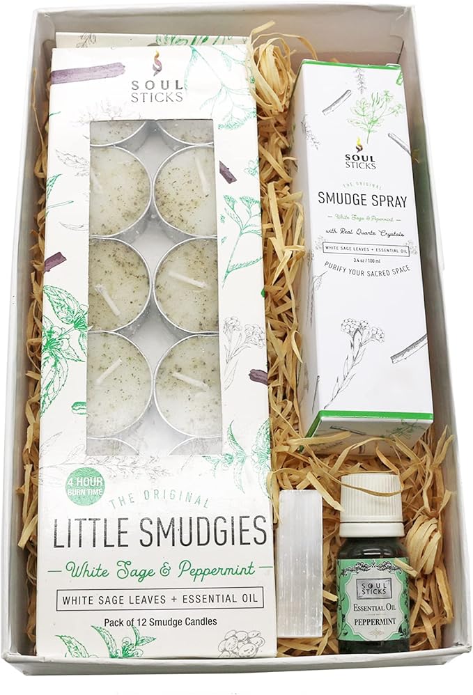 SOUL STICKS Aroma Smudge Kit | Gift Set with Little Smudgies Candles, Smudge Spray, Essential Oil and 2 Selenite Wand in White Gift Box (Peppermint)
