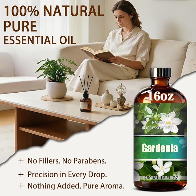 Gardenia Essential Oil, 16 fl oz (480ml) - ZODION Gardenia Fragrance Oil for Diffuser, Massage, Humidifier, DIY Candle, Soap Making, Home, Bath, Yoga