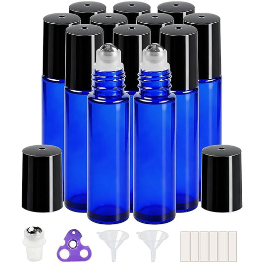 PrettyCare Roller Bottles 10ml (12 Pack Blue Glass, Black Cap, 24 Labels, 2 Extra roller balls, Opener, 2 Funnels) for essential oils, Roll on Bottles