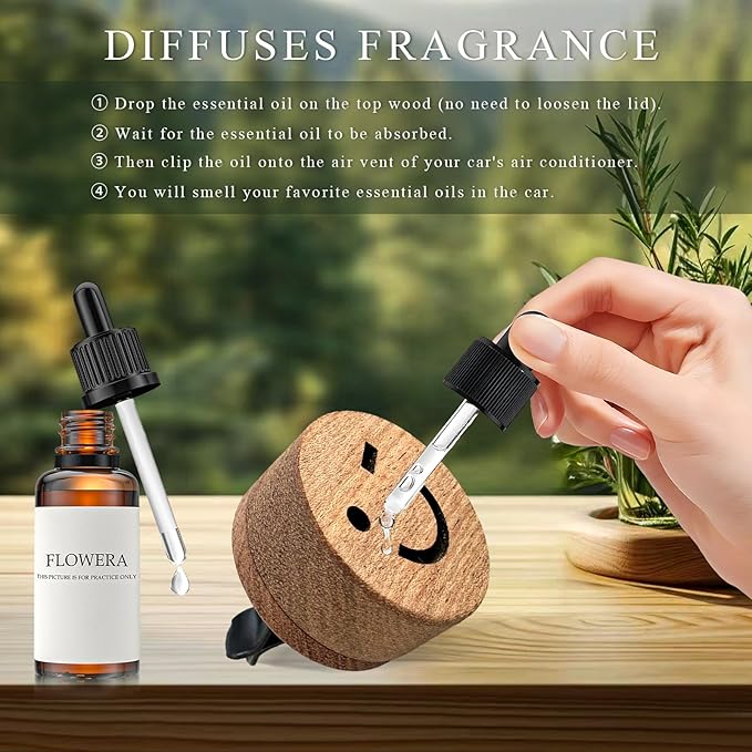 KVAEY 2 PCS Wood Car Essential Oil Diffuser, Wooden Aromatherapy Essential Oils Diffuser with Vent Clip, Wood Vent Clip Air Freshener for Vehicle Office Home Bedroom (Smile)