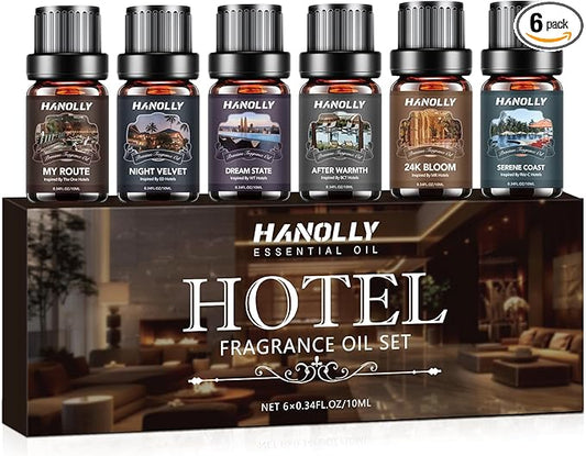 Hotel Diffuser Oils Gift Set - 6x10ML Luxury Hotel Scent Essential Oils Set for Diffuser, Candle Making - My Route, Serene Coast, Night Velvet, 24K Bloom, Dream State, After Warmth Fragrance Oil