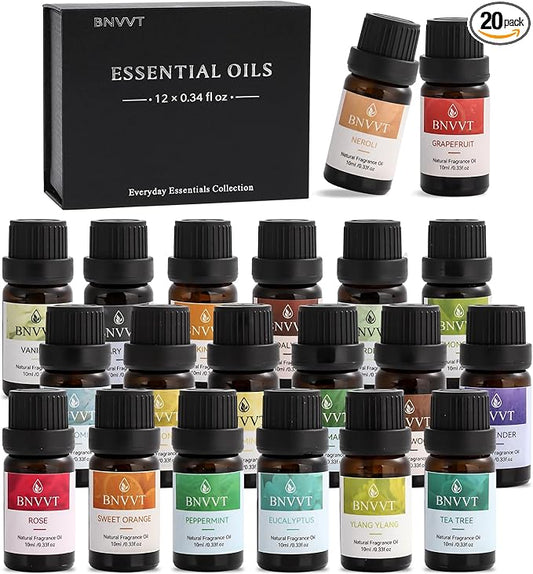 Essential Oils Set for Diffusers – 20 Pack Aromatherapy Oils for Sleep, Relaxation & Focus – Lavender, Peppermint, Eucalyptus, Vanilla & More – Gift Set for Home & Office