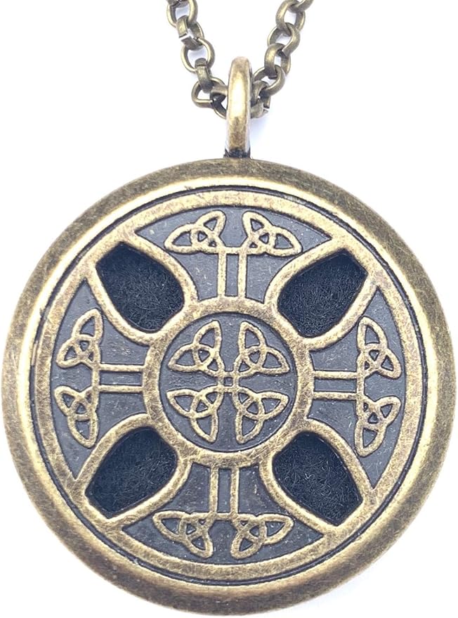 Wild Essentials Celtic Cross Aged Brass Necklace Essential Oil Diffuser Kit, Lavender, Lemongrass, Peppermint, Orange Oils, 12 Pads, Calming Aromatherapy Gift Set, Customizable Color Changing, Perfume