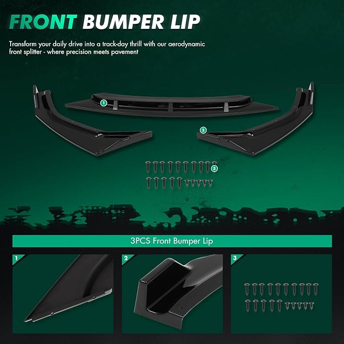 SCITOO 3pcs Glossy Black PP Front Bumper Body Kit Spoiler Chin Spoiler Front Bumper Lip Fit for 2019-2020 for Honda Civic
