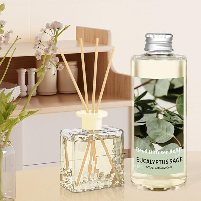 STRN Reed Diffuser Oil Refill, Eucalyptus Sage Scented Reed Diffuser Set, 6.8 fl.oz（200ml, Reed Diffuser Refill for Home Fragrance, Bedroom, Bathroom Office Home Decor