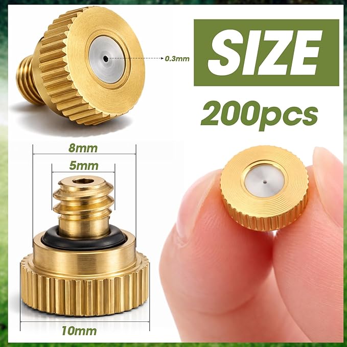 Zhengmy 200 Pcs 0.3mm Brass Misting Nozzles, Mister Nozzles Brass for Outdoor Cooling System Orifice 10/24 UNC Replacement Heads for Outdoor Cooling System