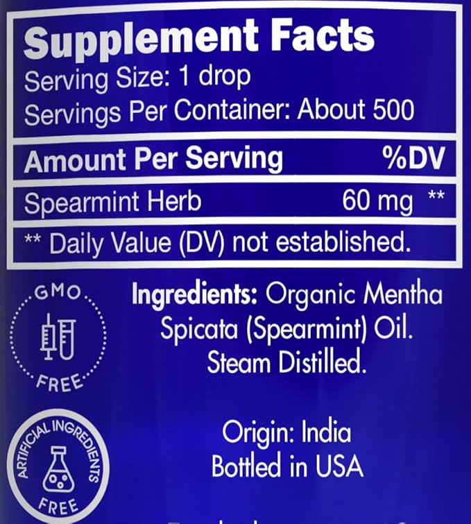 Organic, Spearmint Oil, Food, Grade, for Facial Hair, PCOS, Hair Removal – 100% Pure, Therapeutic, Spearmint Essential Oil, by Zongle Therapeutics, 1 OZ