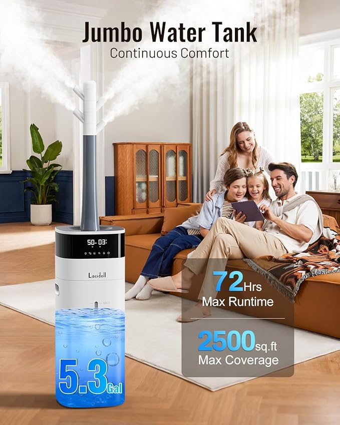 LACIDOLL Cool and Warm Mist Humidifier Large Room, 5.3Gal/20L Humidifiers for Home 2500 sq ft, Air Humidifiers for Bedroom with Diffuser&Extended Tube, Whole House Humidifiers for Nursery Baby Plants