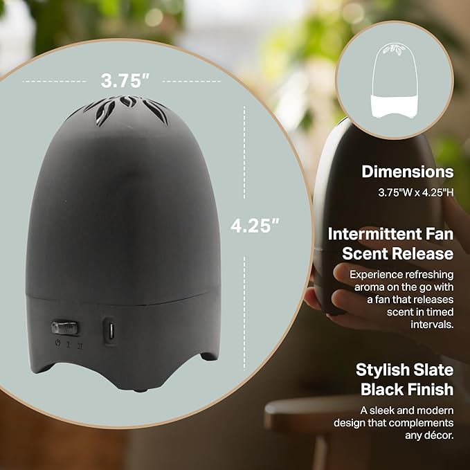 Belle Aroma Essential Breeze Max Aromatherapy Fan – Upgraded Dry Diffuser for Essential Oils or EVA Inserts – Battery or USB Powered – 30-Day Scent – No Water – for Desk, Travel, or Car - Slate
