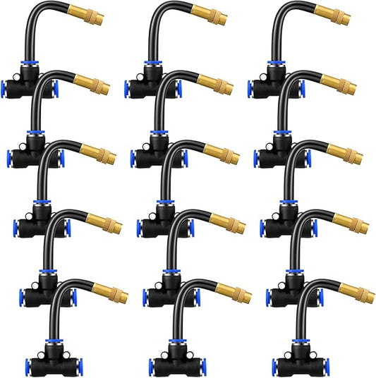 Zonon 15 Pcs Brass Misting Nozzles Tee with 4" Built in Hose for 0.32"/8 mm Tubing 360 Degree Rotation Adjustable Water Mister Nozzle Thread Sprayer Misting Part Accessories for Patio Outdoor Cooling