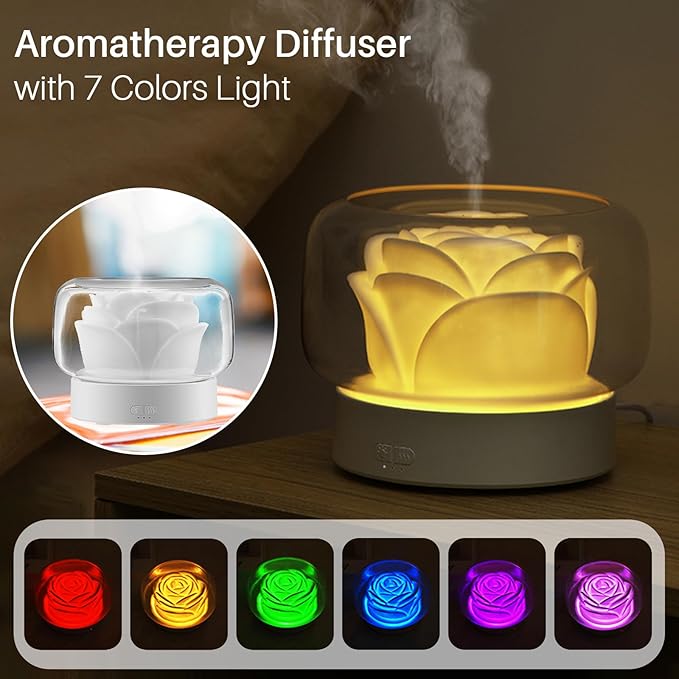 Essential Oil Diffuser Humidifier 2-in-1 Cool Mist Aromatherapy Diffuser with 7 Colors Night Lights Waterless Auto-Off Humidifier for Home Bedroom Office Yoga (White)