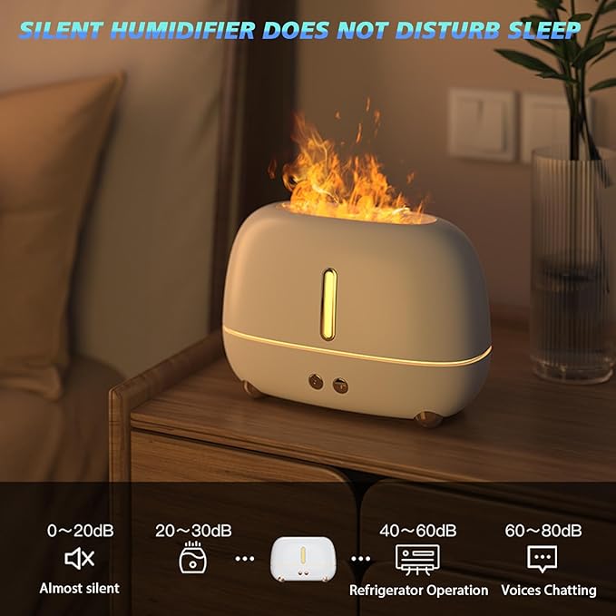 Flame Essential Oil Diffuser, 250ml Ultrasonic Aromatherapy Diffuser, Atomizer Humidifier with 7-Color LED Flame Night Light, Automatic Shutdown, Silent, for Home/Yoga/Office Use, Gifts (White)