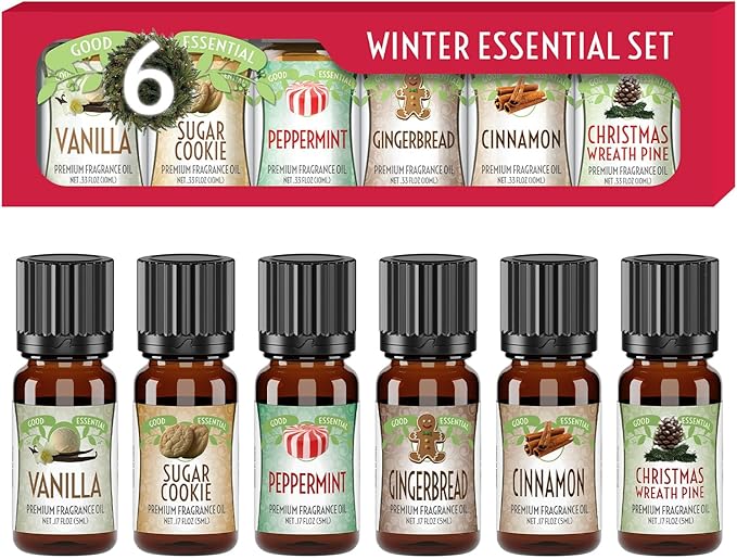Good Essential Professional Winter Aromatherapy Fragrance Oils Set (6-Pack) Cinnamon, Vanilla, Gingerbread for Candles, Soaps, Perfumes, Diffusers, Home Care