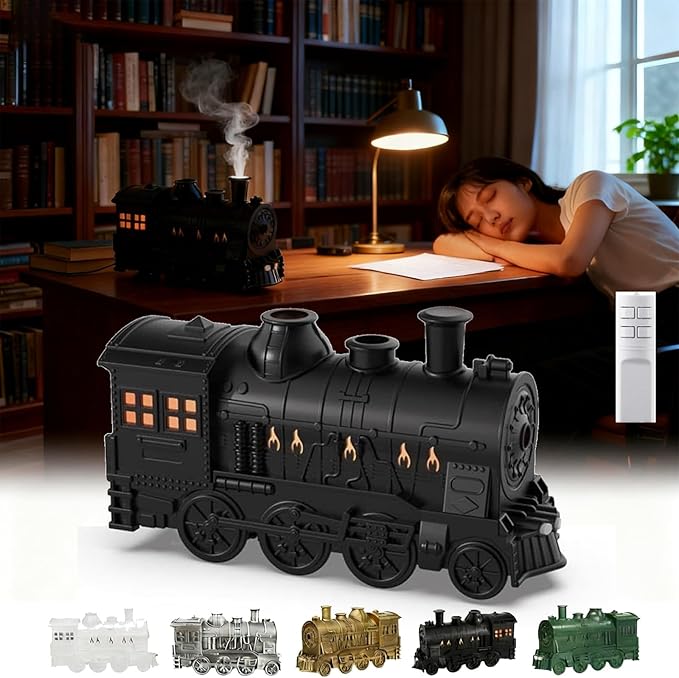 2026 New Train Diffuser, 300ml Train Essential Oil Diffuser – Aromatherapy Humidifier with Dual-Color LED Light, Ultrasonic Cool Mist, Quiet Auto Shut-Off Steam for Home & Office (Black, Remote)